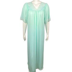 Vintage Shadowline Long Nightgown Size M Lace Trim Nylon Short Sleeves Green